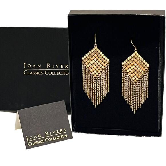 NEW JOAN RIVERS Modern Fringe Leverback EARRINGS Gold Gray Cream 3.5" Dangle BOX - Picture 1 of 5